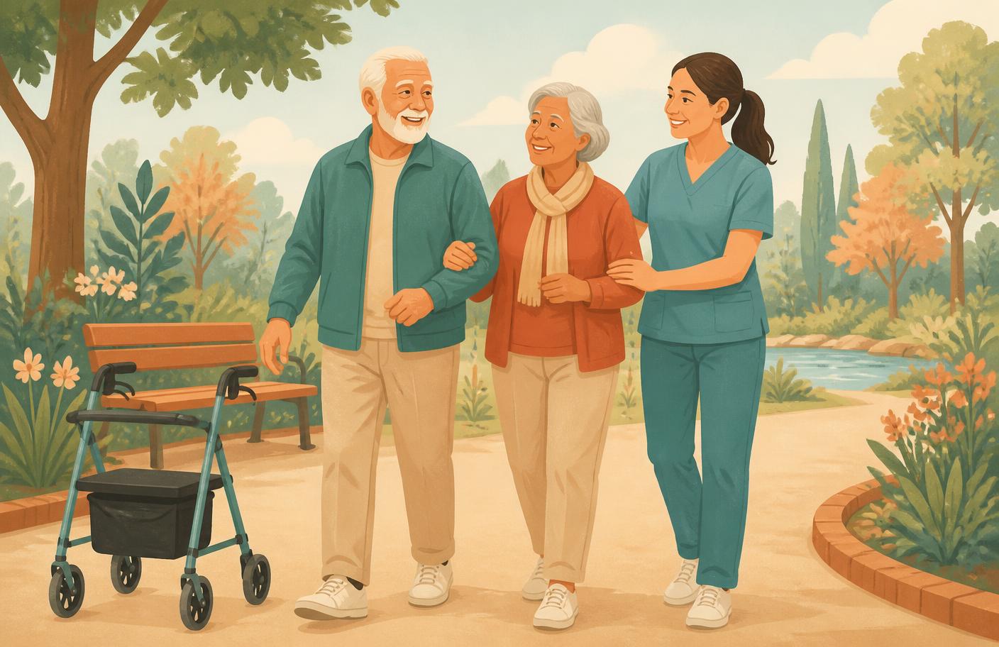An older man and woman walking outdoors with a physiotherapist supporting them, a walking frame beside a bench